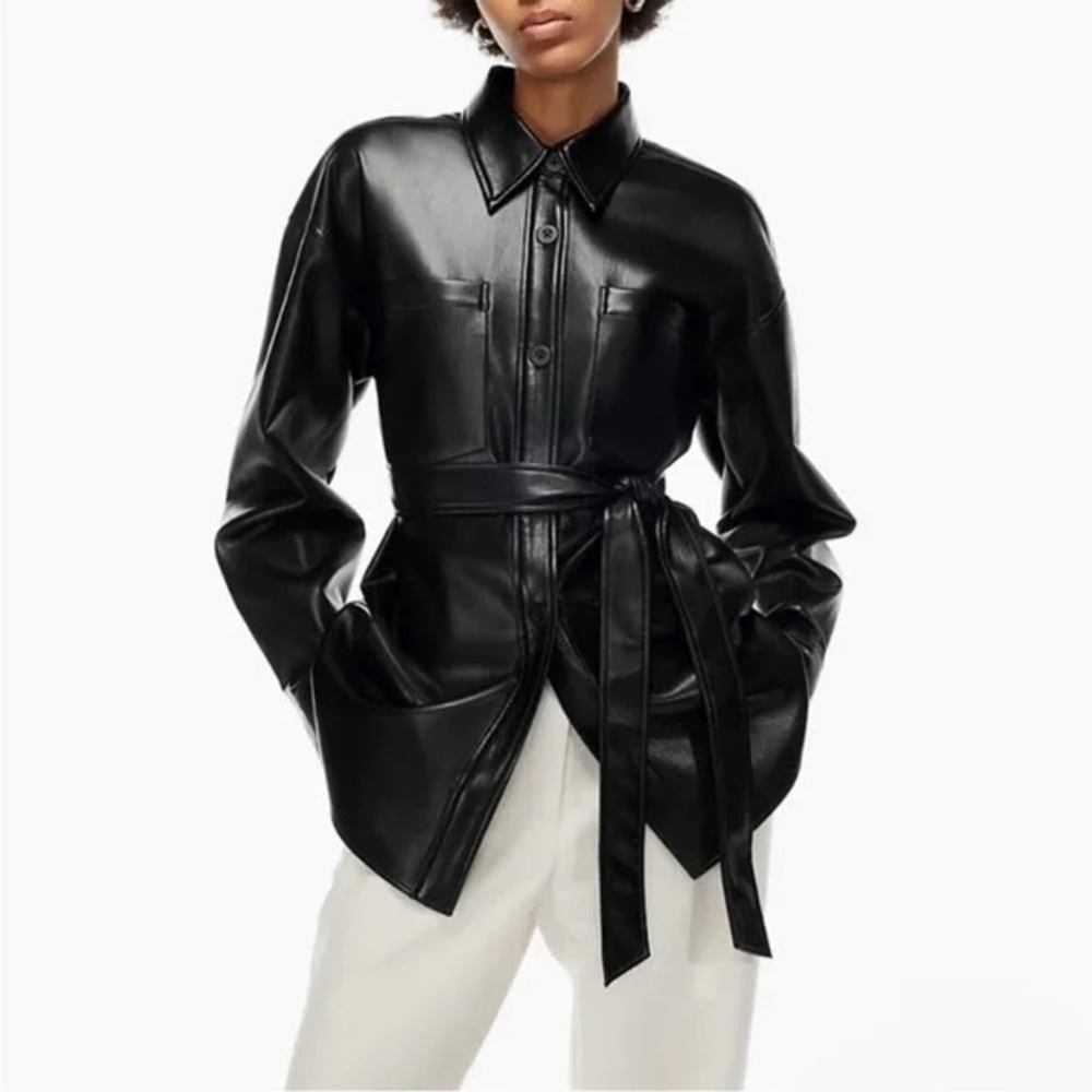 Aritzia Babaton Jacket Women’s large L black vegan leather Ava‎ moto belted